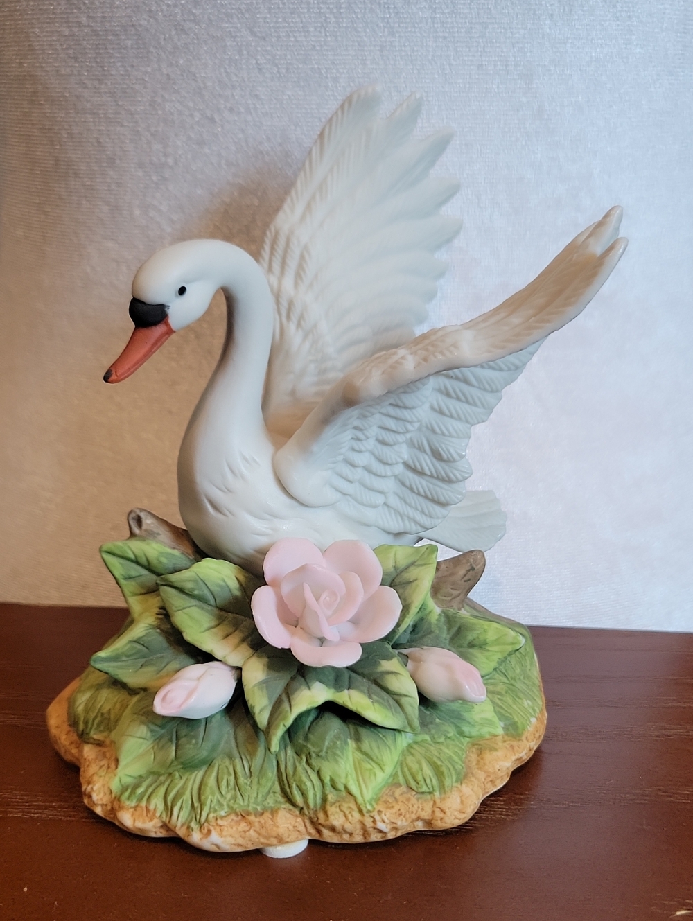 White Swan Ceramic Figurine with Pink Rose Accent